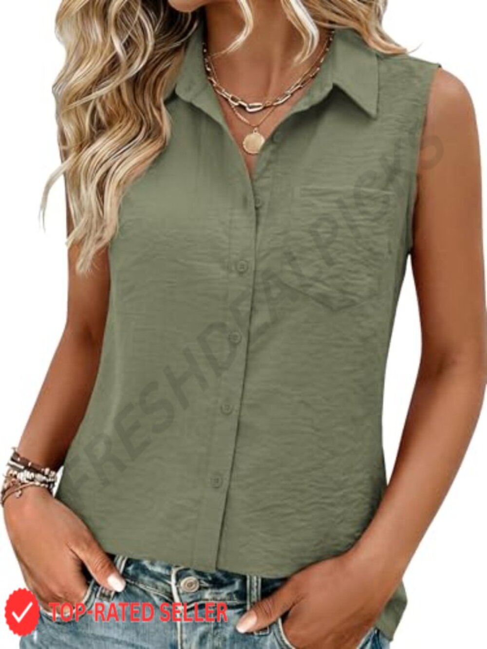 Sleeveless V-Neck Button Down Blouse Linen Blend Work Top